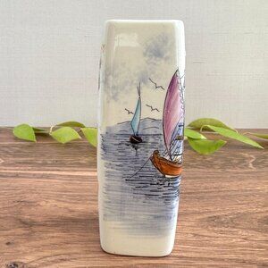 Handmade Ceramic Vase With Coastal & Floral Designs Greece Artist Signed 6" Tall